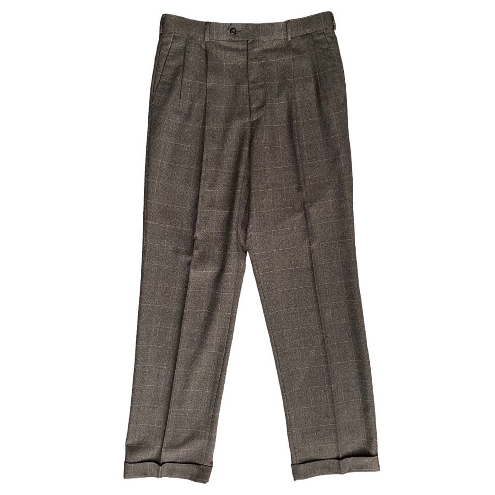 Stafford 34x34 pleated brown windowpane dress pants w/ cuffs pockets belt loops